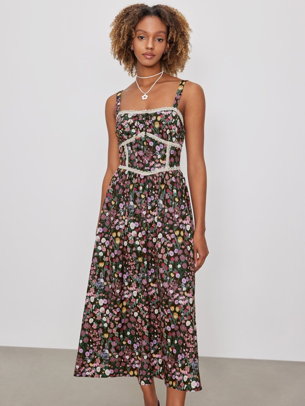Cider Coquette Woven Floral Lace Trim Ruffle Maxi Dress